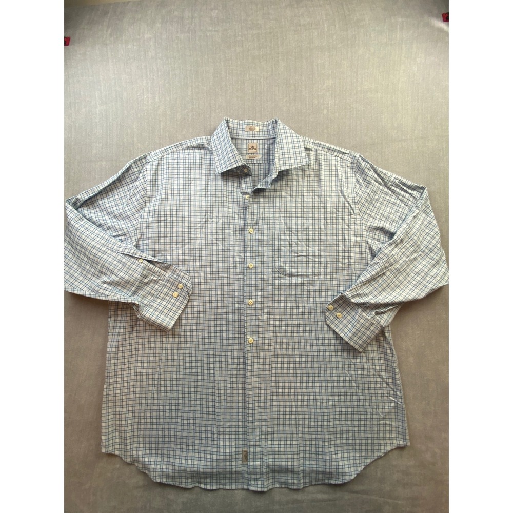 Peter Millar Nanoluxe Easy Care Blue Plaid Dress Shirt Mens 18 Long Cotton